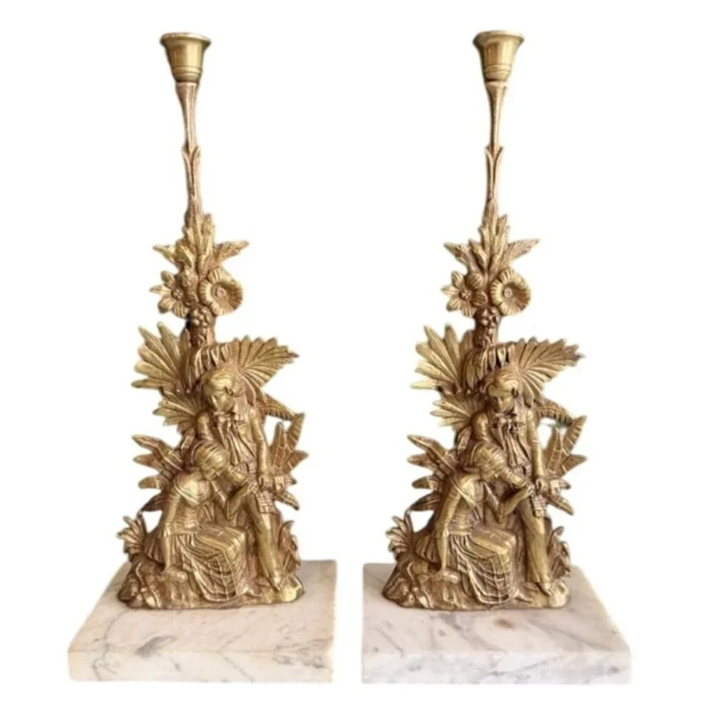 Pair of Antique Ormolu‎ and Marble Colonial Style Candleholders